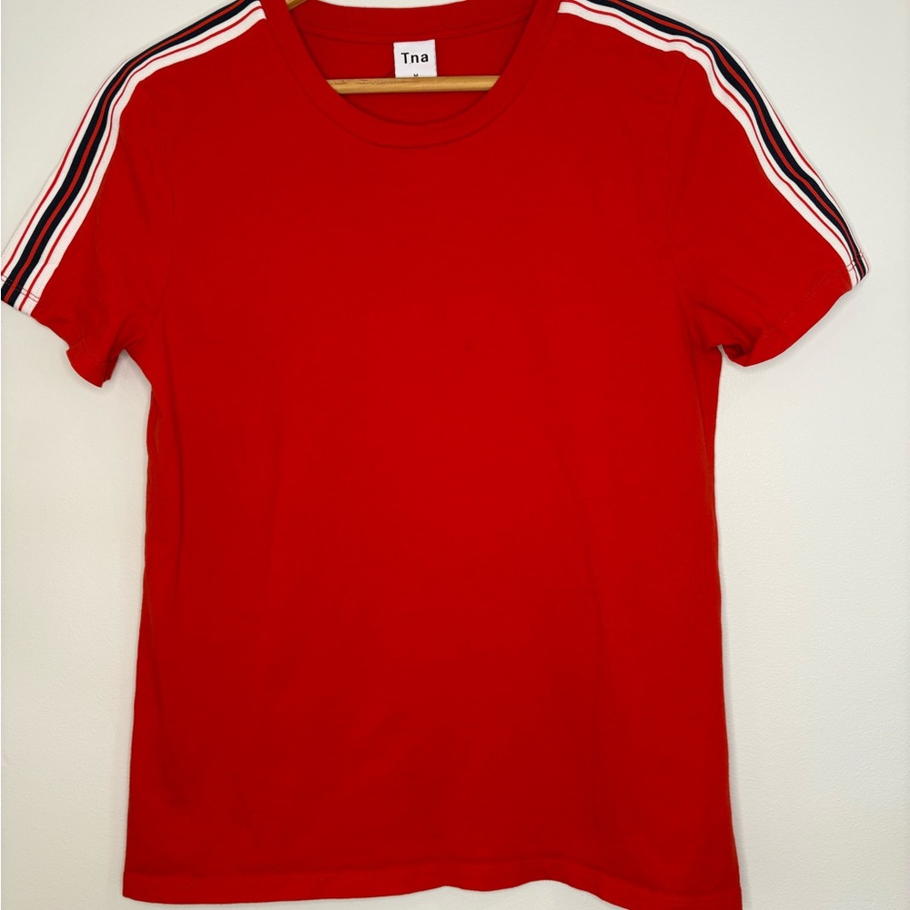 TNA Red Tee with Navy & White Shoulder Stripes
